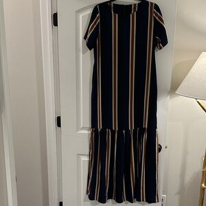 Shein Striped Navy and Brown Women's Dress Small Boho Modest Hippie Ruffle